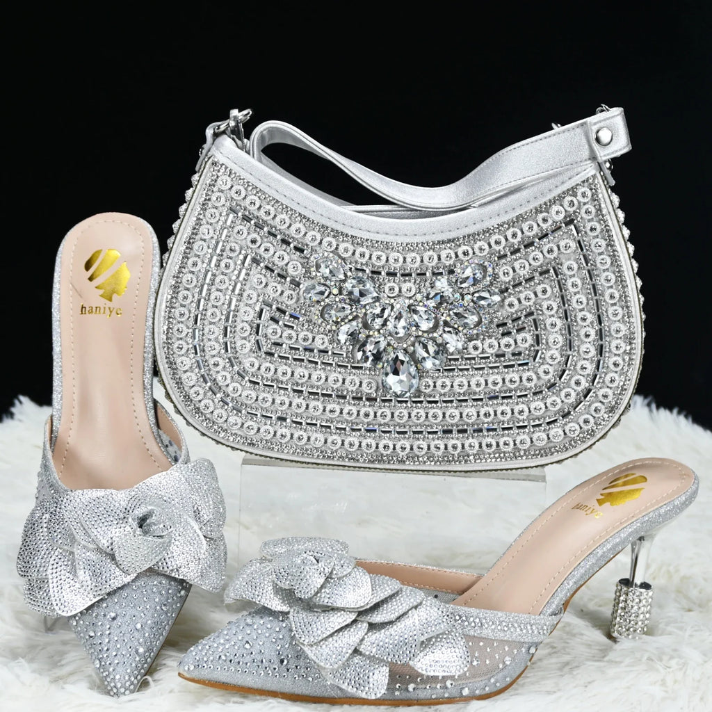 Doershow New Arrival African Wedding Shoes and Bag Set peach Color Italian Shoes with Matching Bags Nigerian lady party  HTG1-6