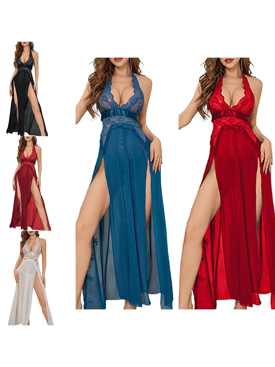 Women Lingerie Chemise Nightdress Lace Split See-Through V-Neck Sleeveless Nightgown Sleepwear Slips Nightie with Thong
