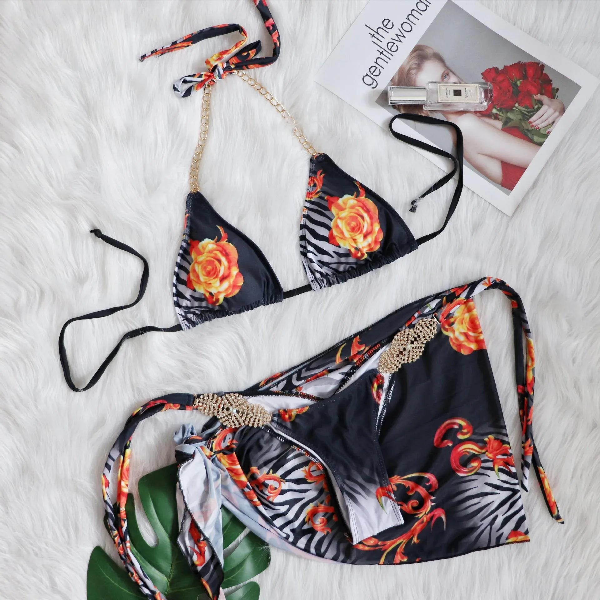 2026 Sexy Three Piece Bikini Set Women Luxe Rhinestone Metal Chain Print Swimwear Swimsuit Bikinis Set Bathing Suit Beach Bikini