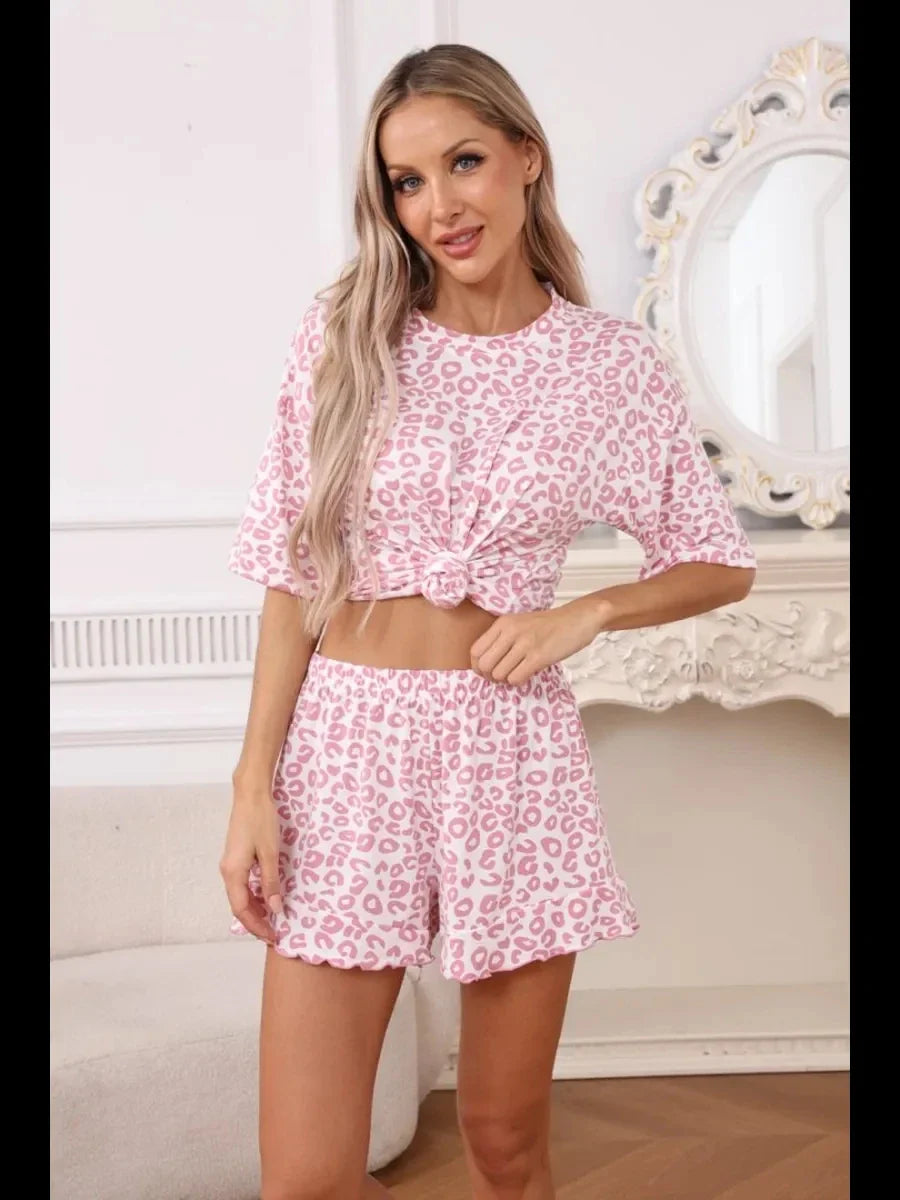 Leopard Print Pajama Set for Women Summer Sexy Crop Top and Shorts Loungewear Loose Short Sleeve Sleepwear Home Outfit