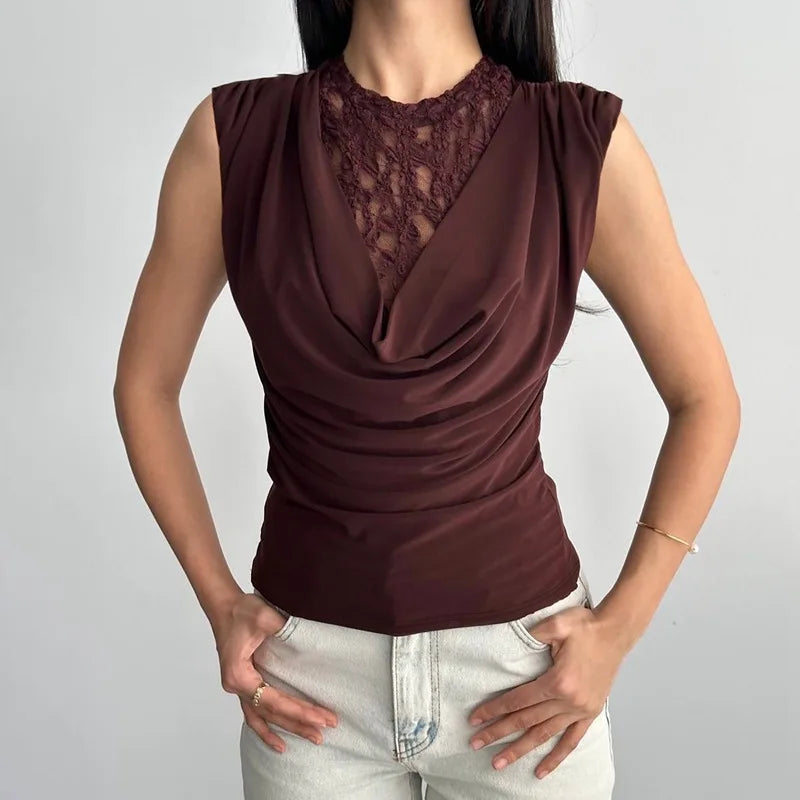 FDYOUI Elegant Lace Patchwork Tank Tops 2026 Summer See-through Sleeveless T-shirt Ladies Folds Slim Corset Crop Top High Street