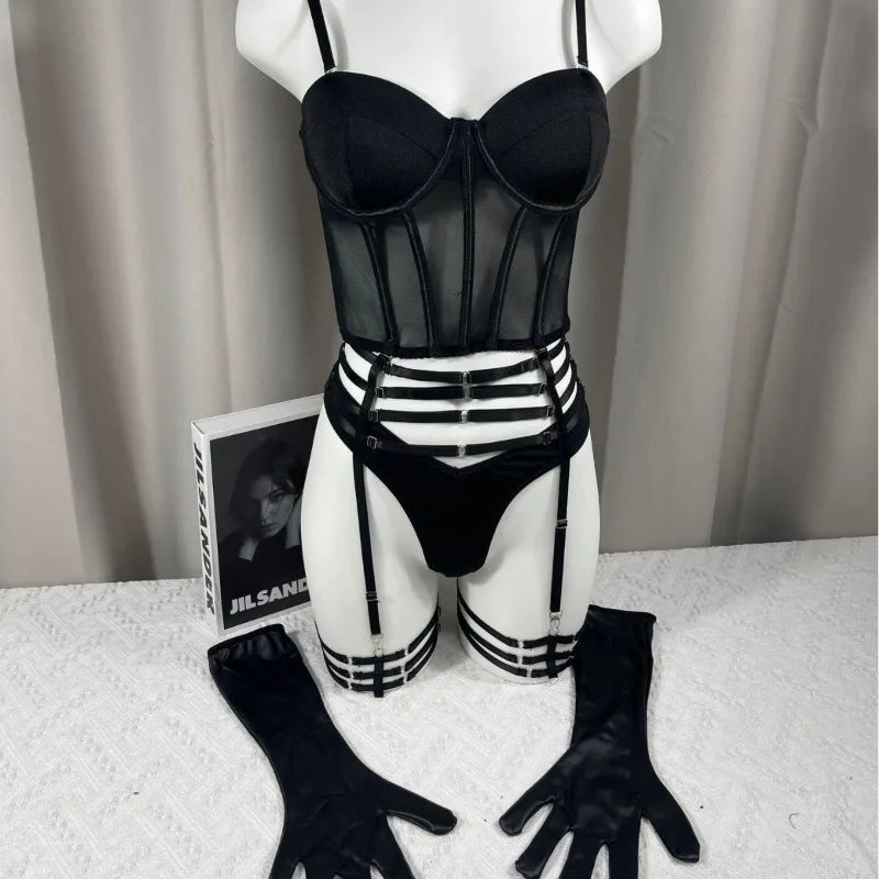 Toucheart Erotic Lingerie Mesh Heavy Industry Fishbone Sexy Breasted Body Shaping PU Underwear Gloves Five-piece Set for Women