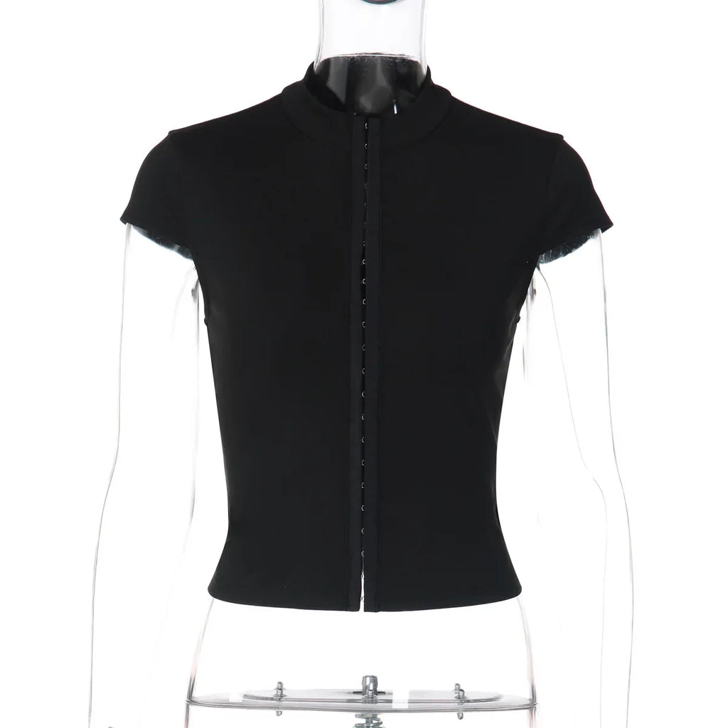 FDYOUI Y2K Streetwear Covered Buttons Black T-shirts for Women Sexy Fashion Short Sleeve Corset Ladies Slim Crop Tops Tee Shirt