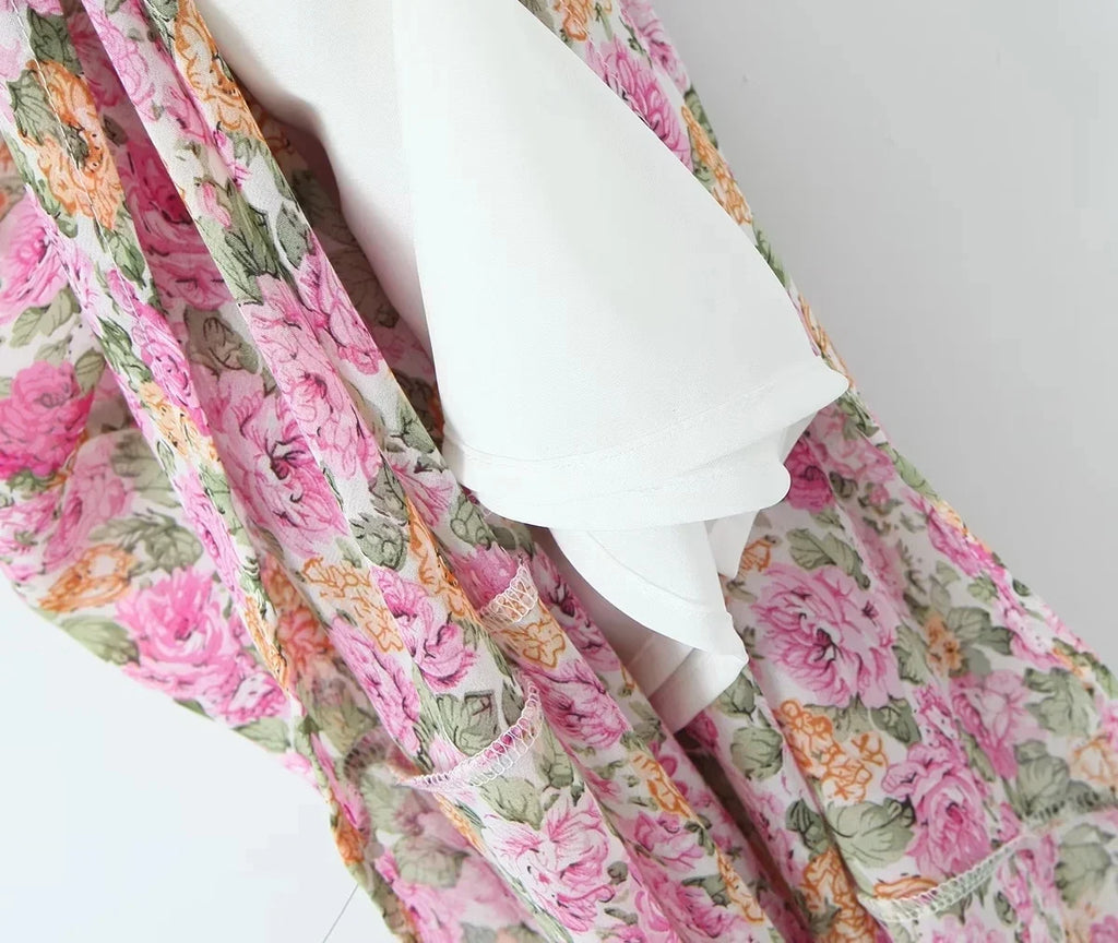 Lace Decoration Pink Floral Maxi Long Sundress Women's Dress 2025 Spaghetti Strap V Neck Smocked Boho Straight Boho Dress
