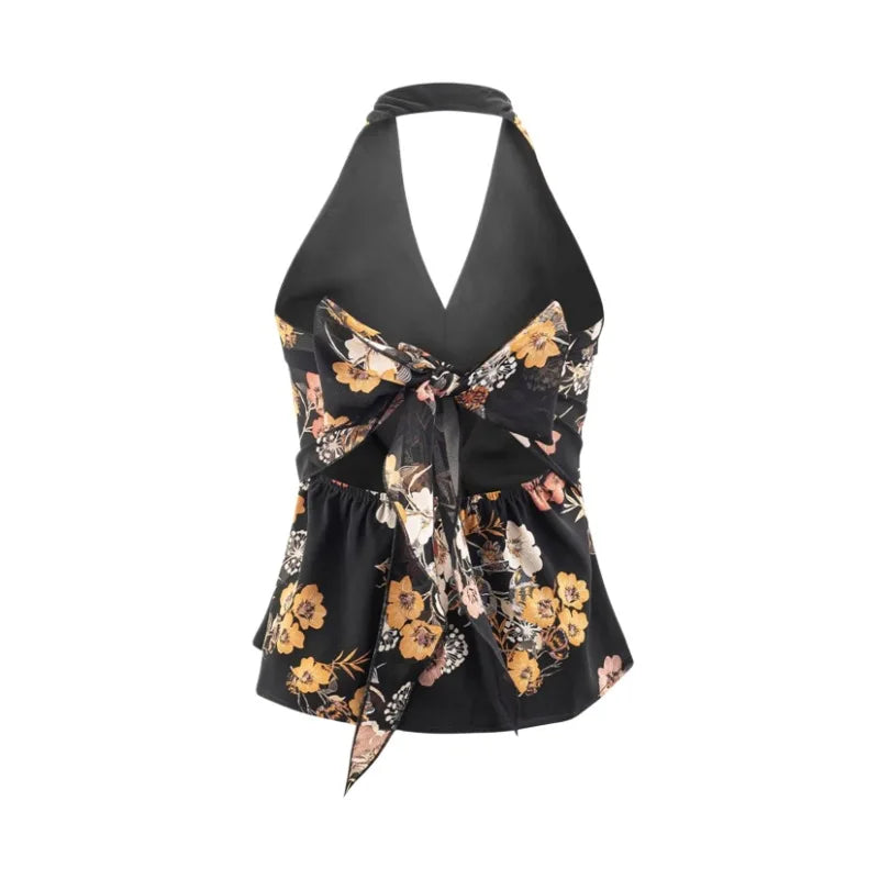 Sexy Backless Halter Neck Camisole For Women French Charm Style Niche Deep V-neck Top With Ruffled Chest And Printed Design 4OIR