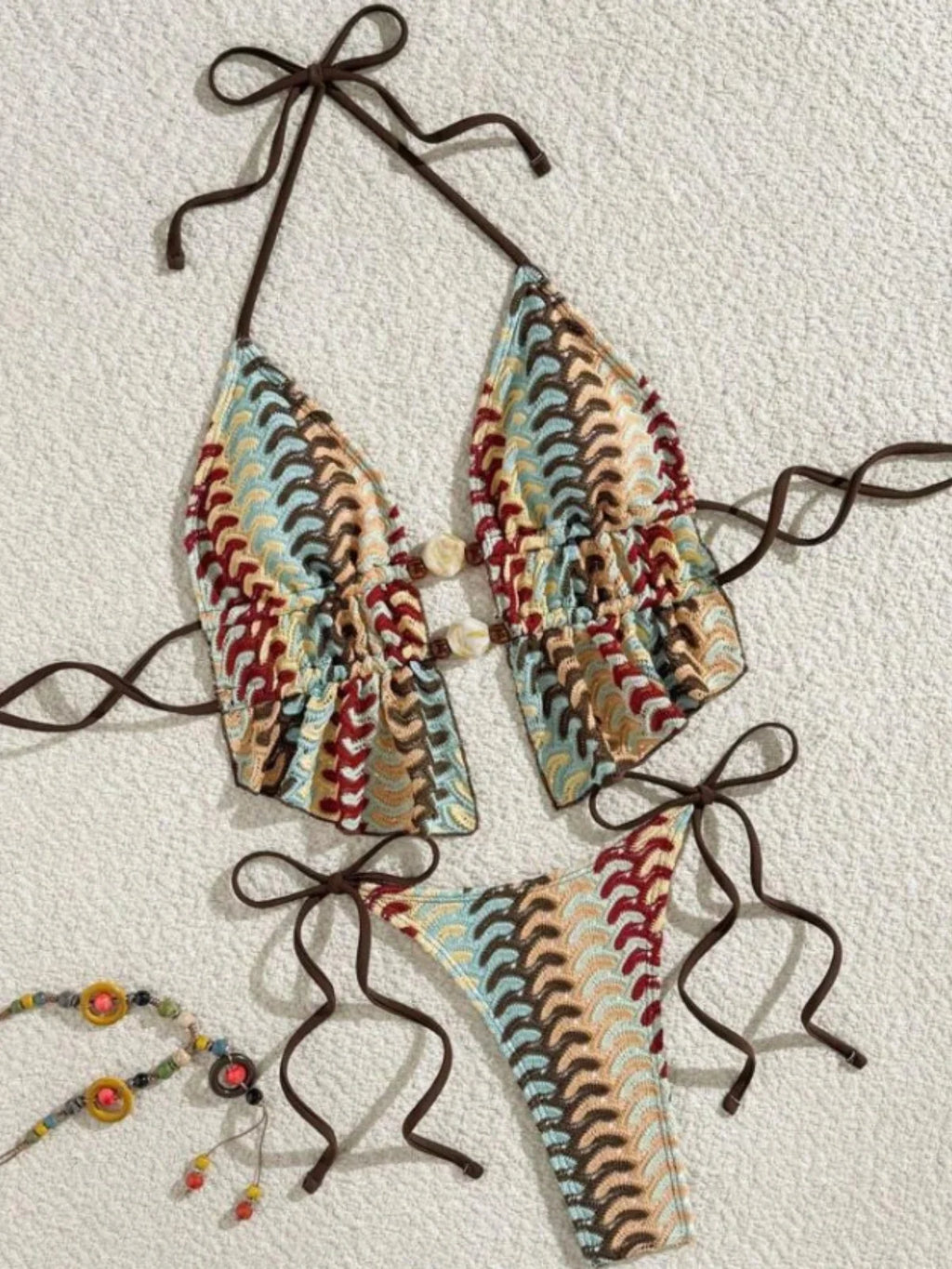 Sexy Coffee Striped Bikini Set 2026 Women Beaded String Hollow Out Crop Top Thong Swimsuit Summer Bathing Suit Holiday Swimwear