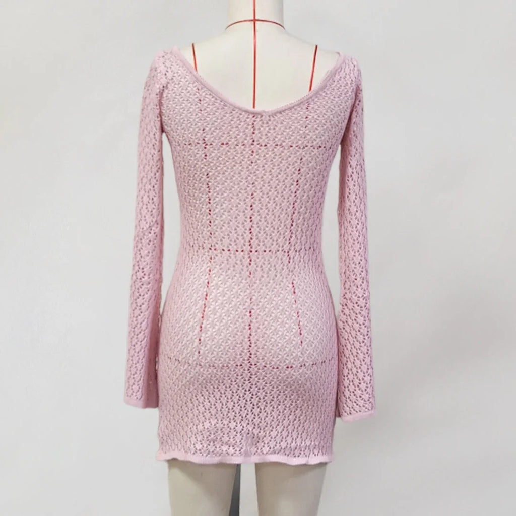 V Neck Long Sleeve Hollow Out Crochet Knitted Tunic Beach Cover Up Cover-ups Beach Dress Beach Wear Beachwear Female Women V6081