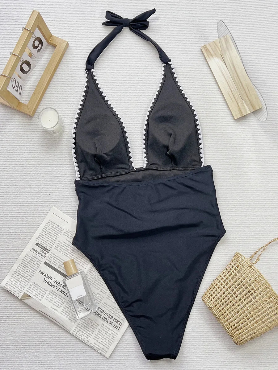 V Neck Halter Wrinkled Women Swimwear One Piece Swimsuit Female High Cut Backless Monokini Bather Bathing Suit Swim Beachwear