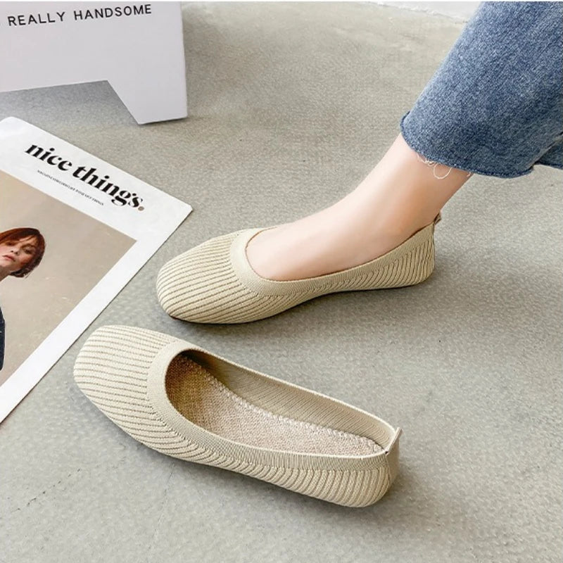 Women Leisure Flats Summer Autumn Flat Shoes Breathable Knitted Square Toe Slip-on Female Daily Walking Driving Loafers