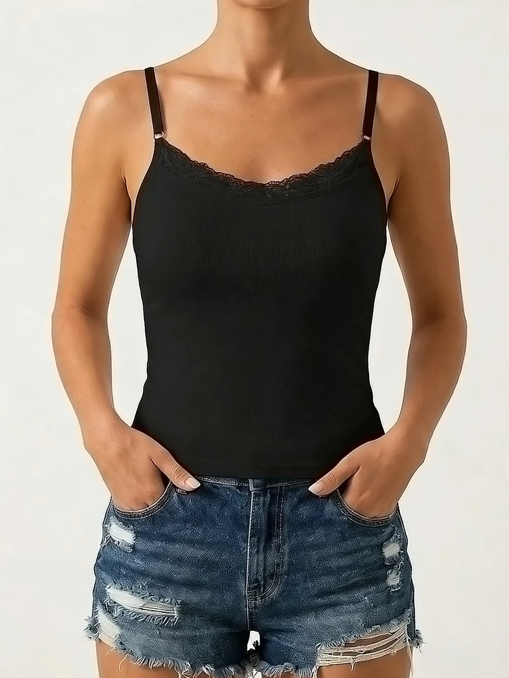 Lace neckline Women Sleeveless Camisole Built-in padding Adjustable thin straps Tank Top Summer Beathable Ladies Vest
