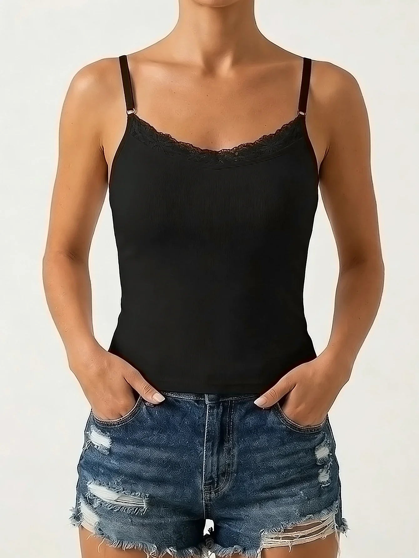 Lace neckline Women Sleeveless Camisole Built-in padding Adjustable thin straps Tank Top Summer Beathable Ladies Vest