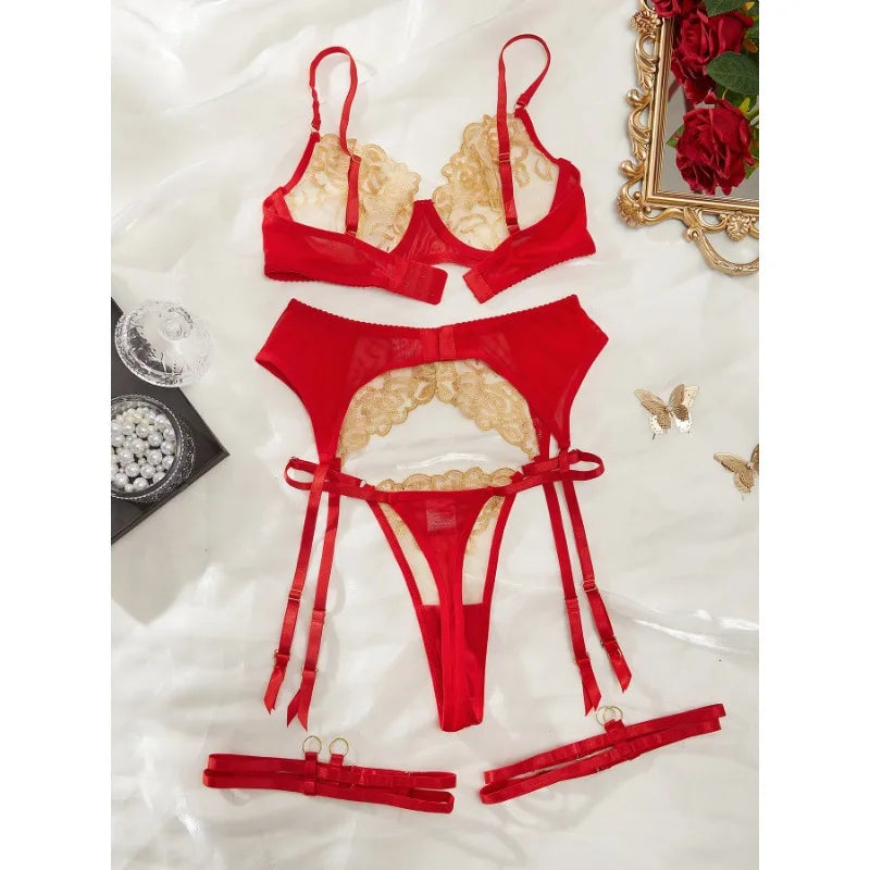 Toucheart 4-Piece Sexy Set See-Through Embroidered Mesh Sexy Underwear For Women Lace Contrast Color Garters Underwear Set New