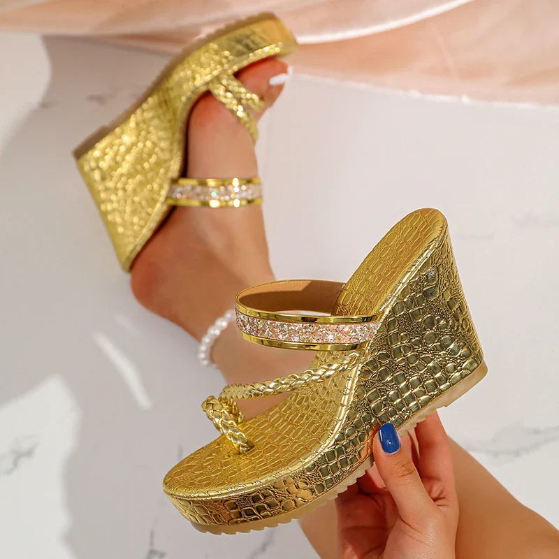 Fashion Crystal Wedges Heels Sandals Women Woven Clip Toe Chunky Platform Sandles Woman Summer Gold Silver High Heeled Slippers