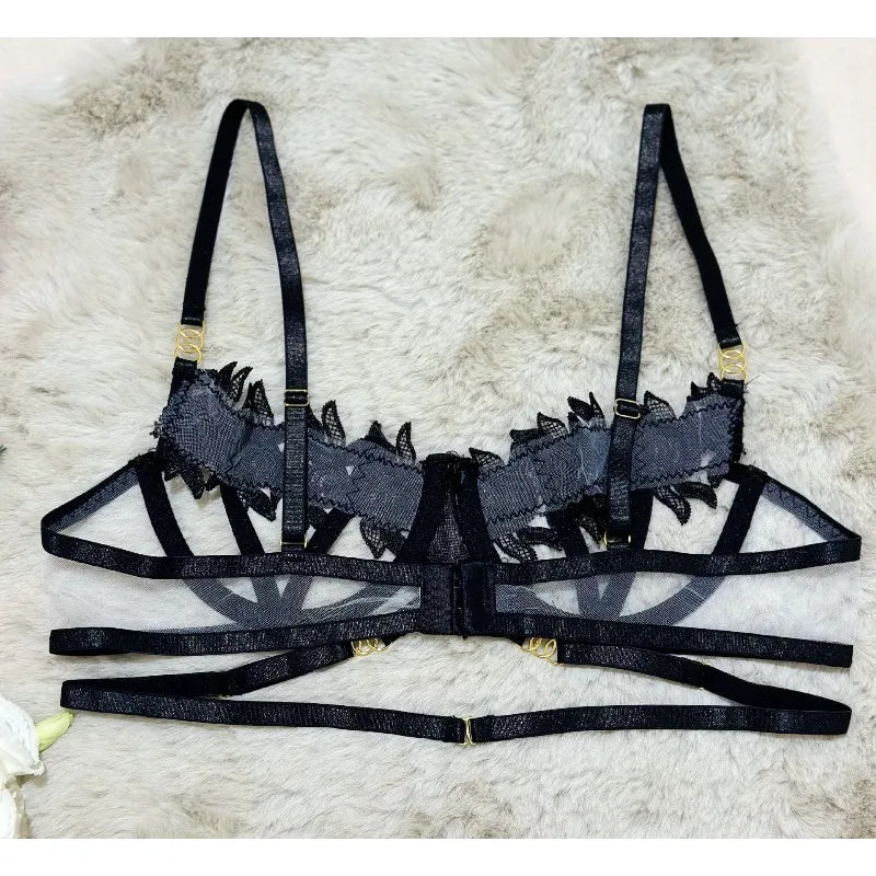 Toucheart Black Sexy See-through Mesh Interesting Hollow Out Underwear Skinny High Waisted Patchwork Steel Ring Underwear Set