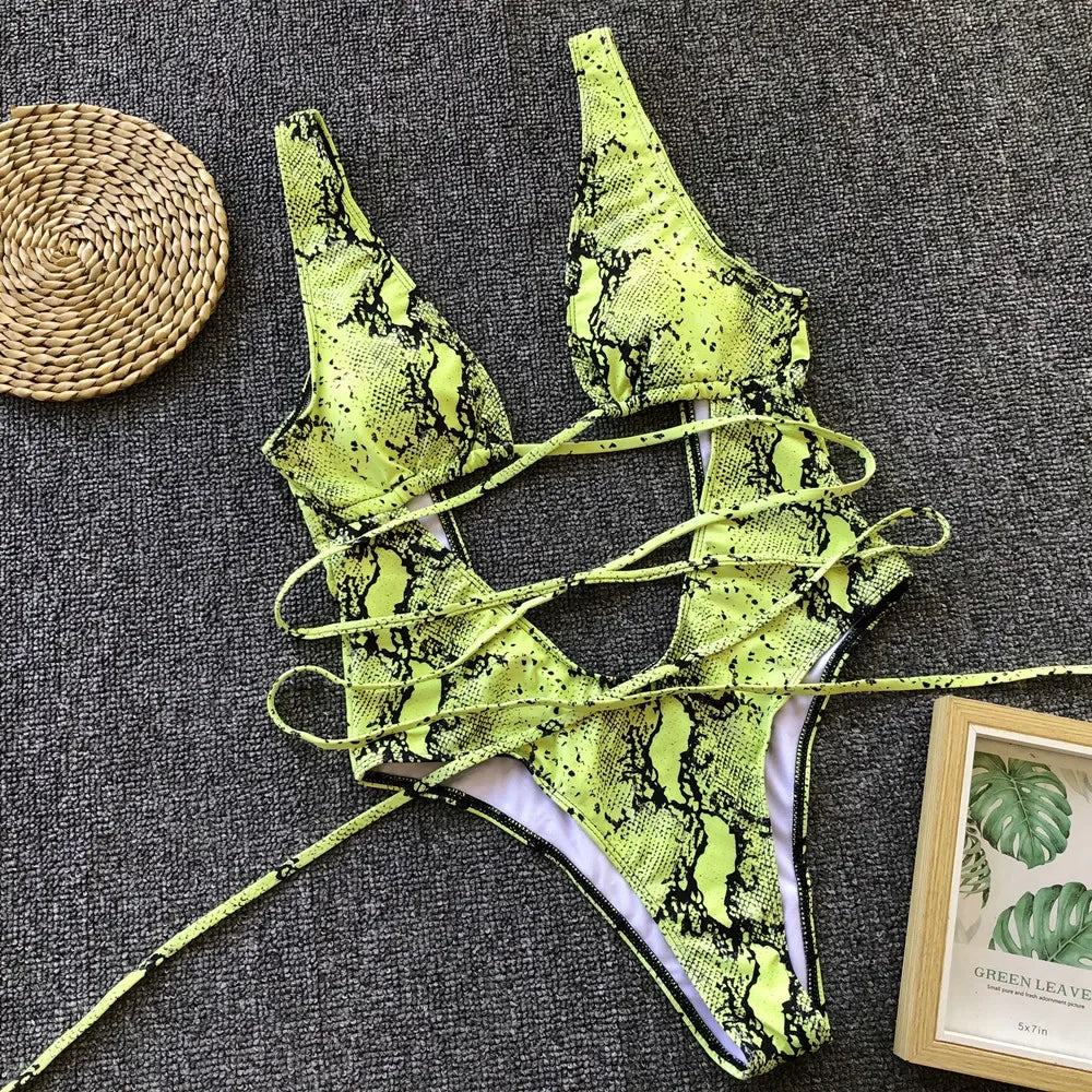 6 Colors New Sexy One Piece Swimsuit Swimwear Women Leopard Snakeskin Print Hollow Cross Straps One-piece Bathing Suit Beachwear