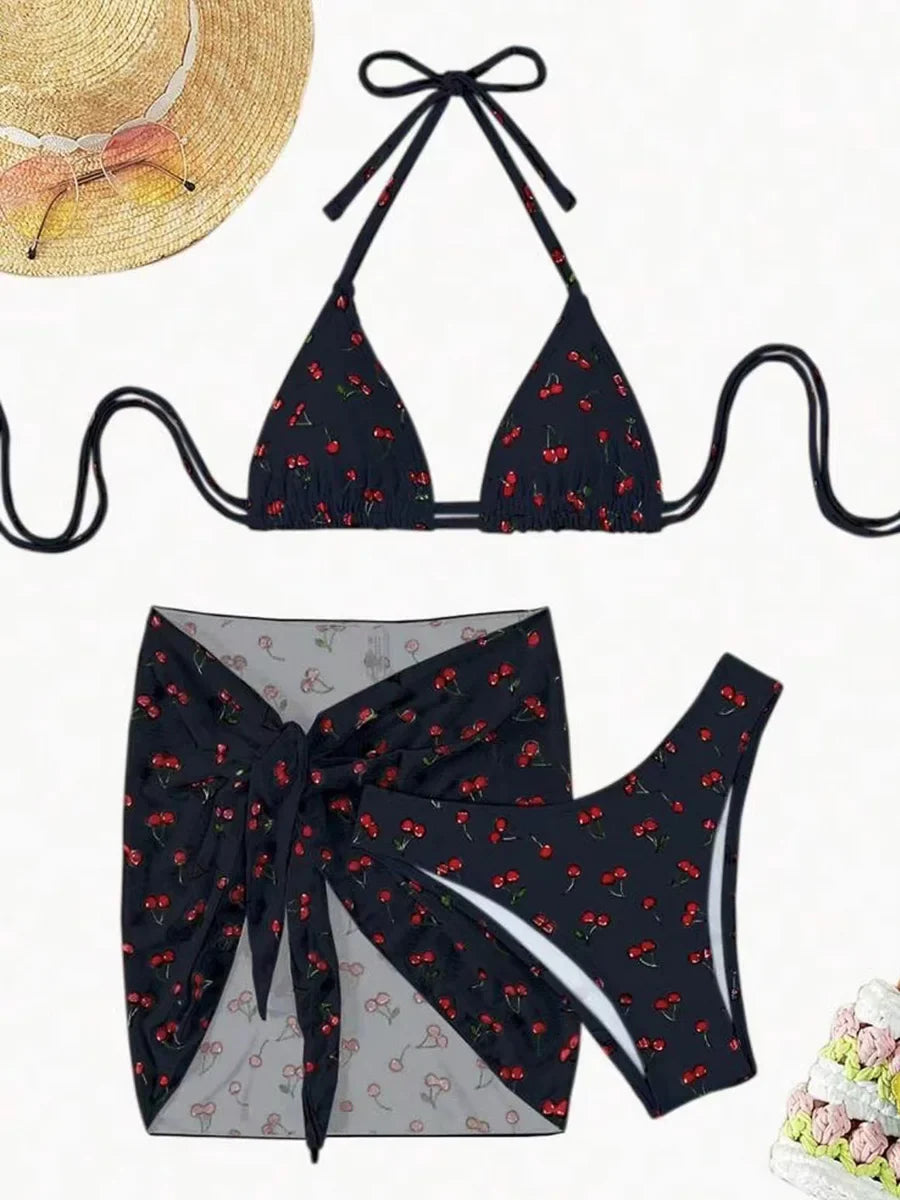 With Mesh Skirt Cherry Printed Bikini Female Swimsuit Women Swimwear Three Pieces Bikini Set Halter Bathing Suit Swim Beachwear