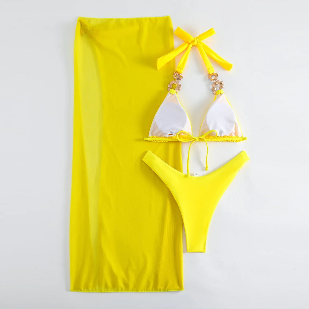 Mesh Skirt Halter Jewelled Diamond Bikini Female Swimsuit Women Swimwear Three-pieces Bikini Set Bathing Suit Swim Beachwear