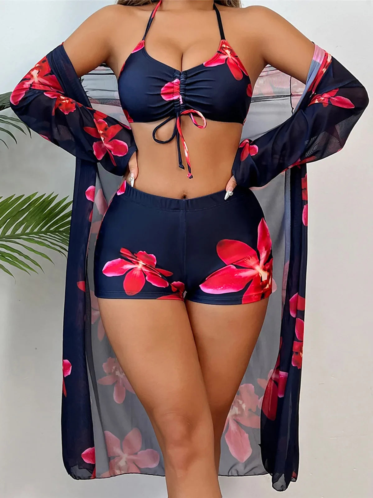S - XL Long Sleeve Cover Up Flowers Bikini Female Swimsuit Three-Pieces Bikini Set Women Swimwear Bather Bathing Suit Swim V7232