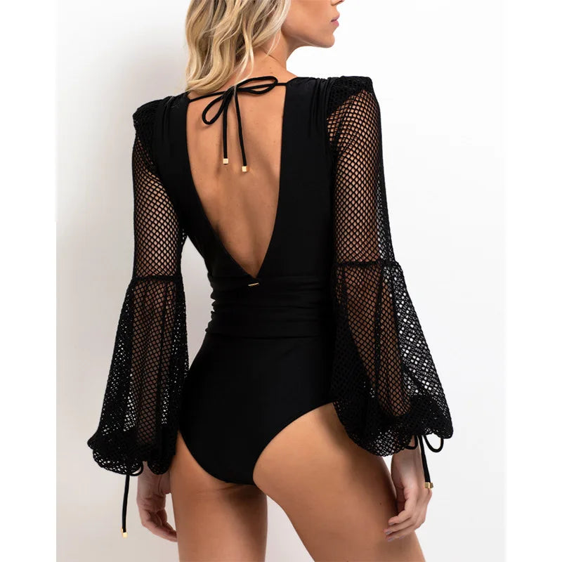 One Piece Swimsuit Sexy Long Sleeve Tropical Print Swimwear Women Bandage Monokini Hollow Out Bathing Suit String Beachwear 2023
