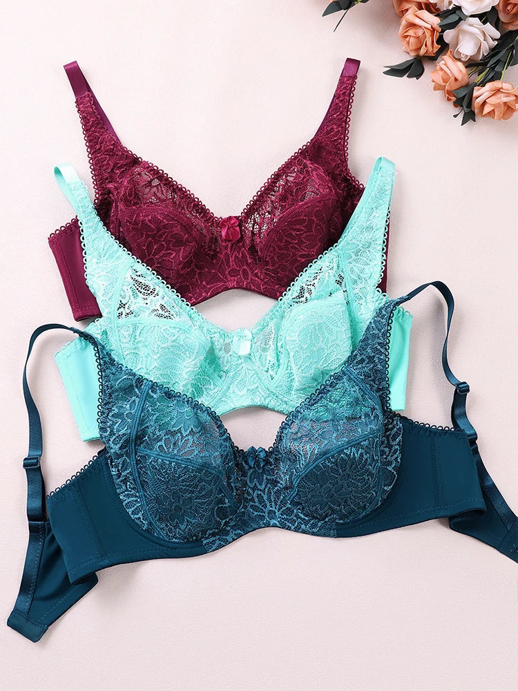 3 Pcs Womens Bras Ultra-Thin Perspective Lace Sheer Plus Size Bra Underwire Sexy Underwear Lingerie BH Tops D E F Cup