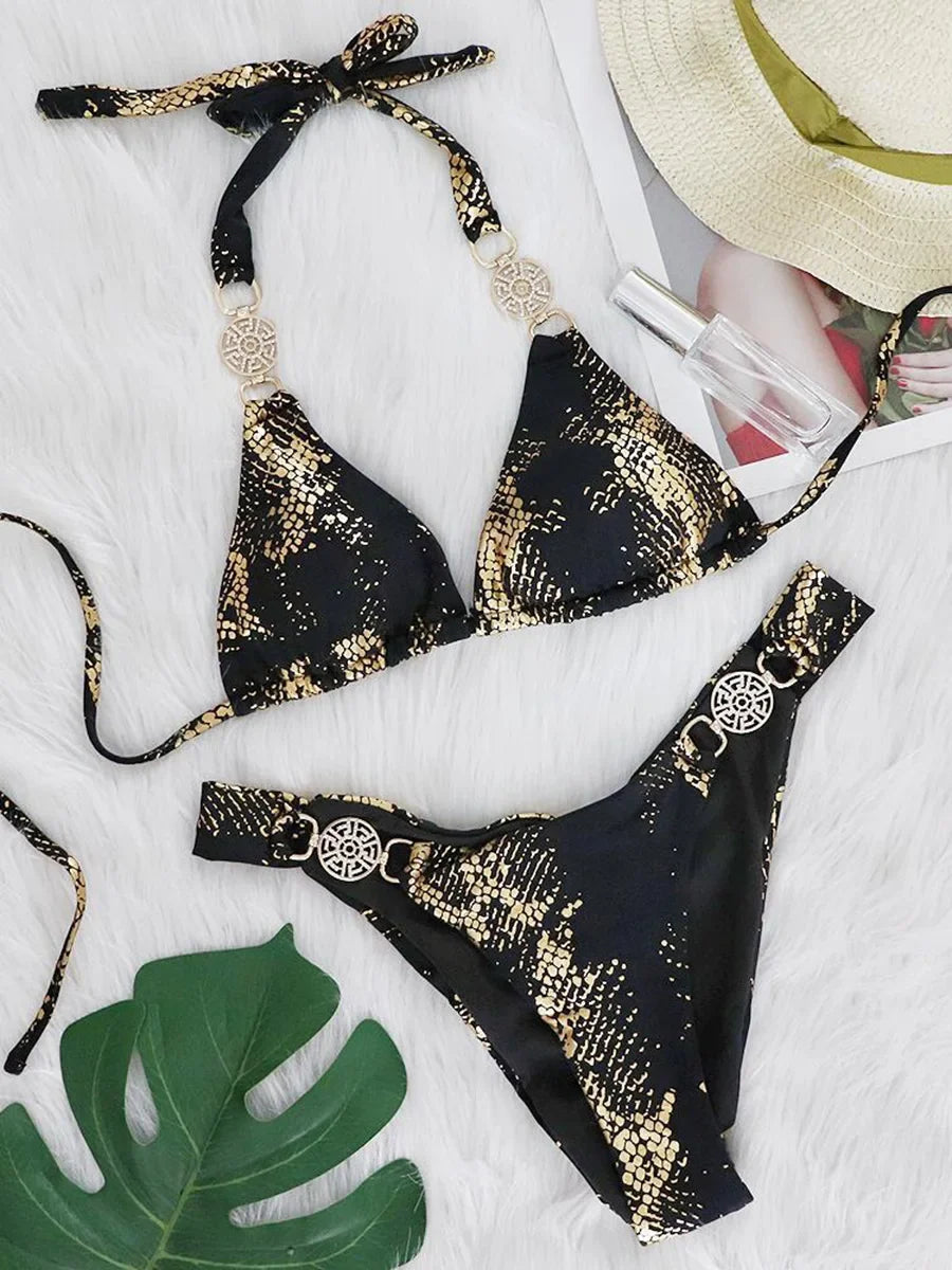 Snake Print Halter Diamond Bikini 2025 Women Swimwear Female Swimsuit Two-piece Bikini Set High Cut Bathing Suit Swim Beach Wear