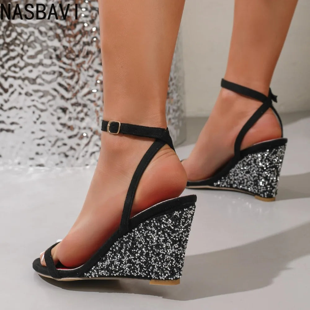 Summer Wedges Shiny Rhinestone High Heels Gladiator Retro French Buckle Strap Roman Sandals  Platform Zapatos De Mujer New 35-42