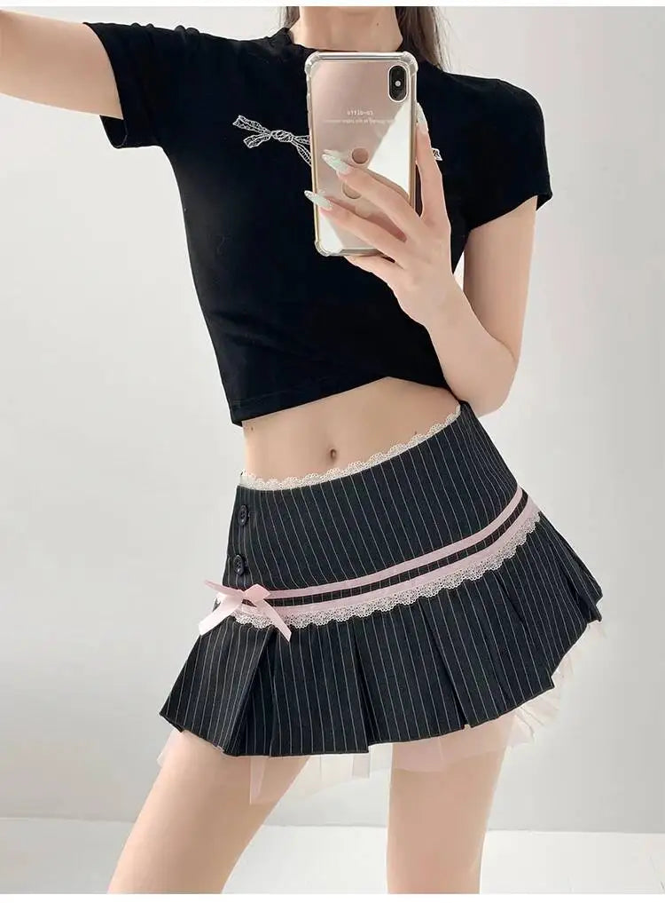 Striped Contrasting Color Bow Lace Splicing Pleated Skirt Women 2026 Summer American Style Low Waist  A-line Short Skirt UBFK