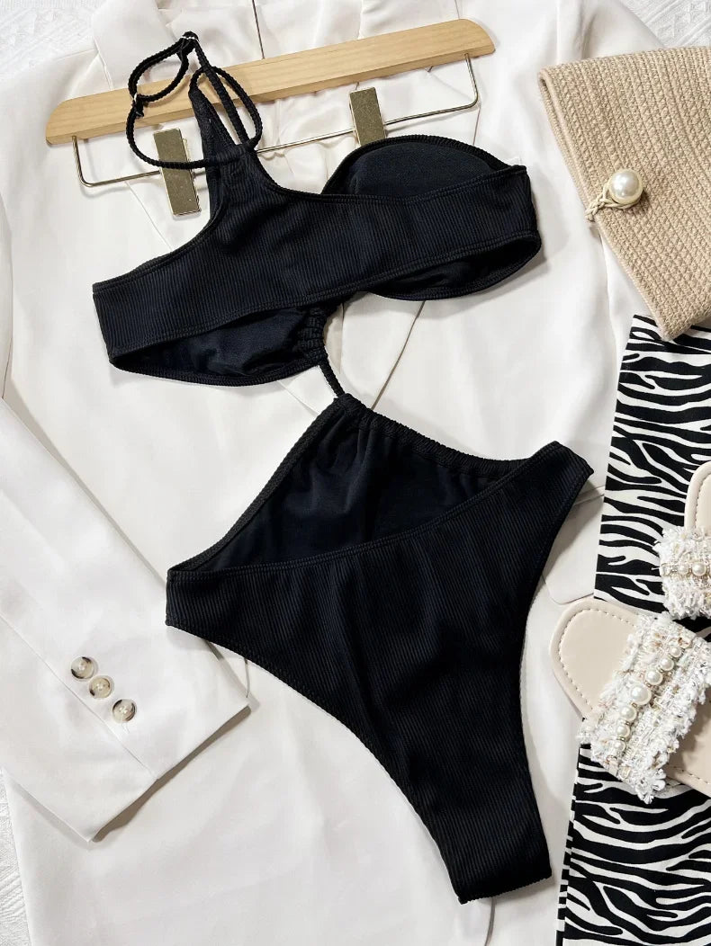 2026 Sexy Black One Piece Swimsuit Swimwear Women Hollow Single Shoulder High Waist Bathing Suit Beachwear Maillot De Bain Femme