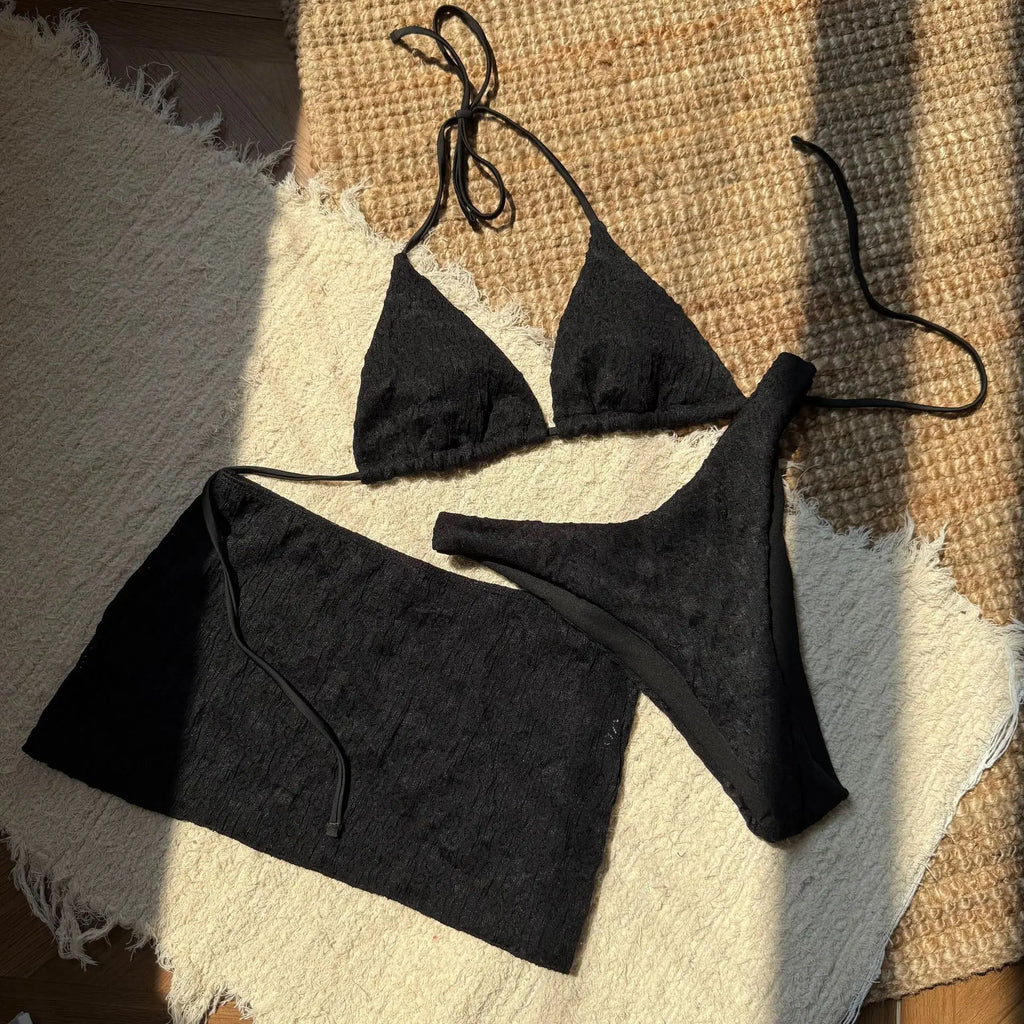 2025 New 3 Piece Bikini Set Women Sexy White Black Push Up Mesh Skirt Swimsuit Summer beach Bathing Suit Cover Up Thong Swimwear