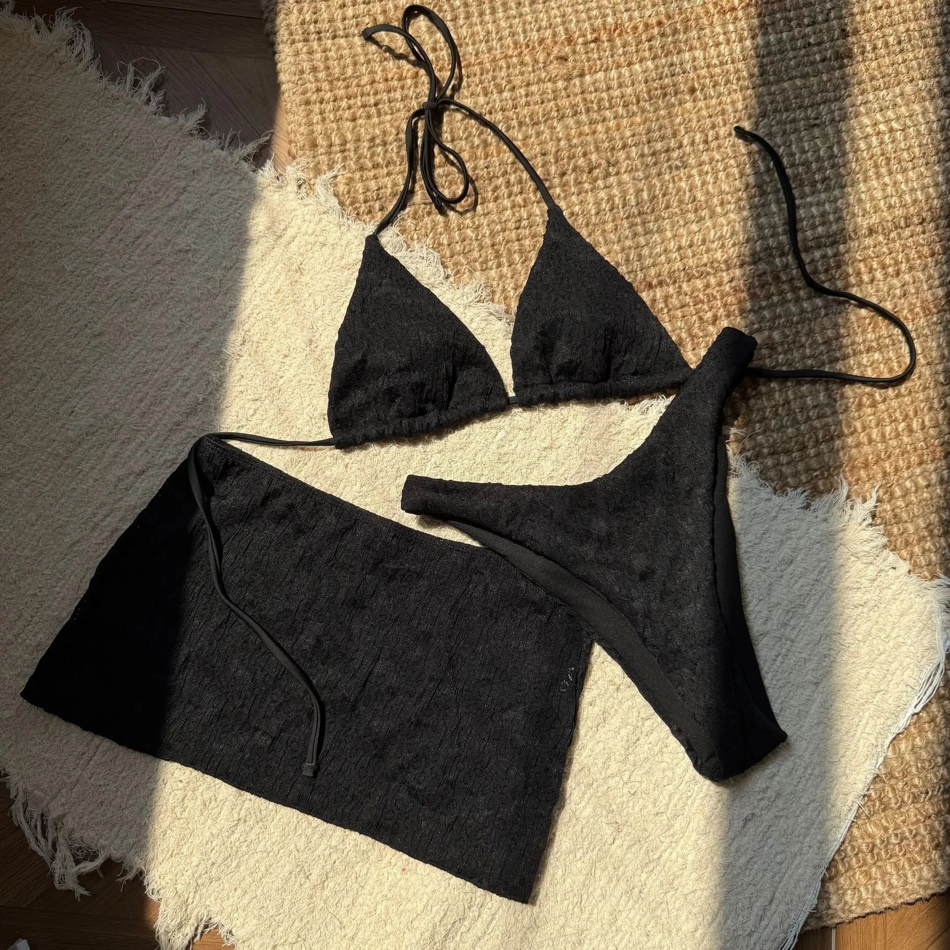 2025 New 3 Piece Bikini Set Women Sexy White Black Push Up Mesh Skirt Swimsuit Summer beach Bathing Suit Cover Up Thong Swimwear