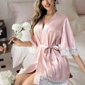New Ladies Elegant Satin Robe Lace Trim Kimono Short Sleepwear Nightgown V Neck Belted Bridal Loungewear Bridesmaid Gift