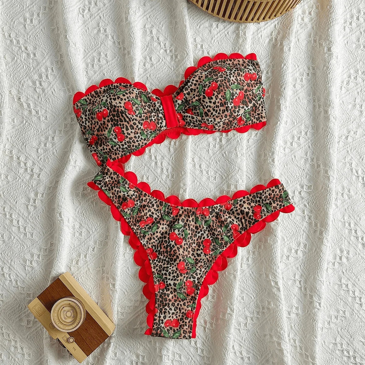 Sexy Bandeau Bikini 2026 Women Red Leopard Print Front Bow Push Up Bra High Waist Swimsuit Beach Bathing Suit Vacation Swimwear