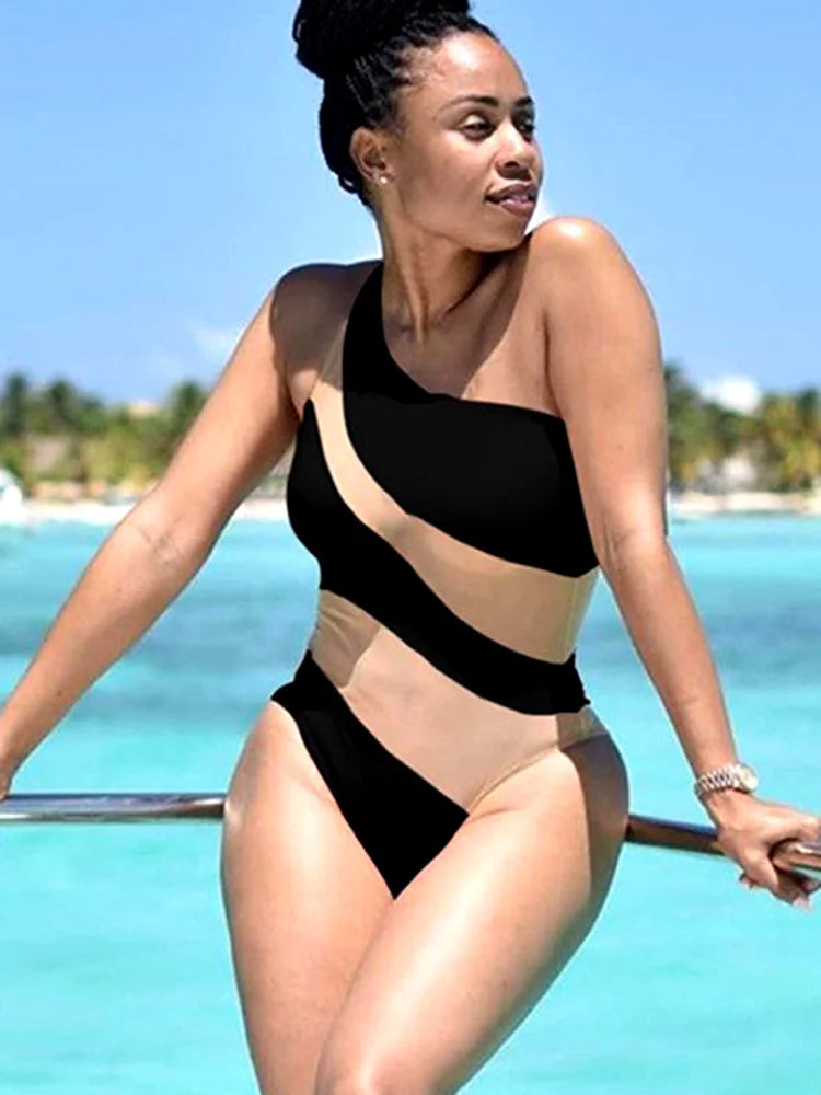 Splicing Mesh See Through One Shoulder Female Swimwear One Piece Swimsuit Women High Cut Monokini Mesh Bathing Suit Swim Lady