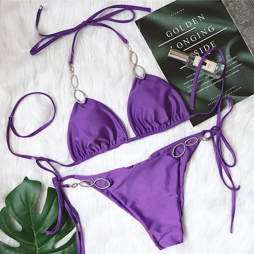 6 Colors Sexy Bikini Women Solid Rhinestone Metal Chain Swimwear Swimsuit Female Halter Bikinis Set Bathing Suit Beachwear Mujer