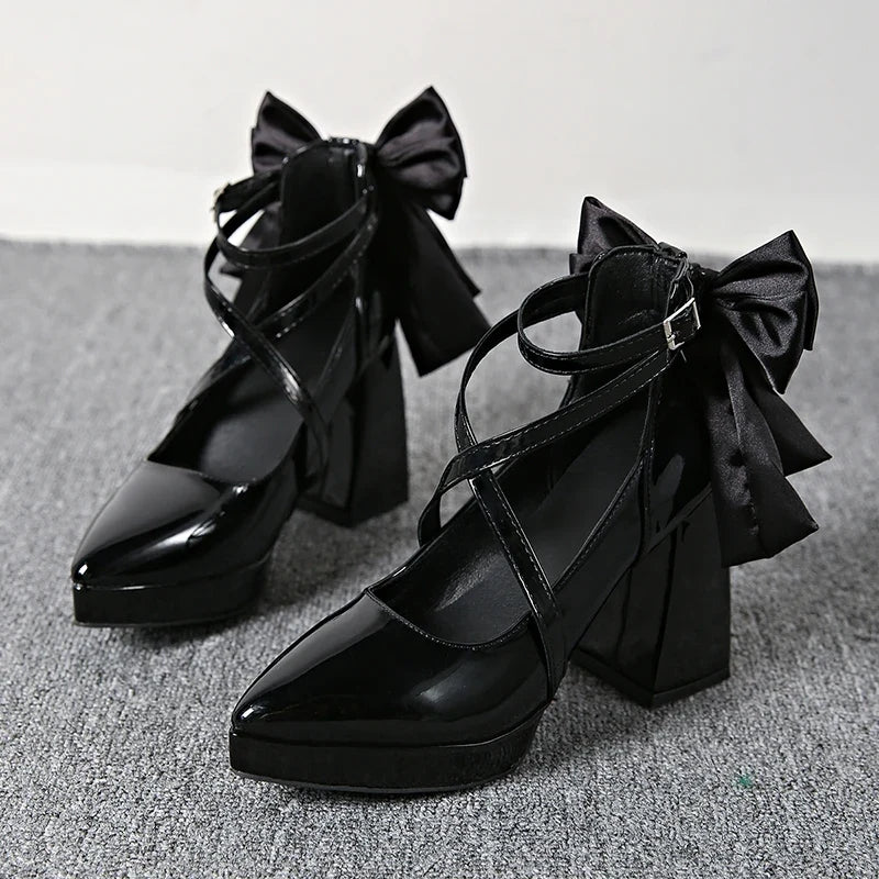 Punk Pointed Toe Thick Heels Mary Jane Shoes Women Bowknot Decor Cross Strap Platform Pumps Woman Patent Leather Party Shoes