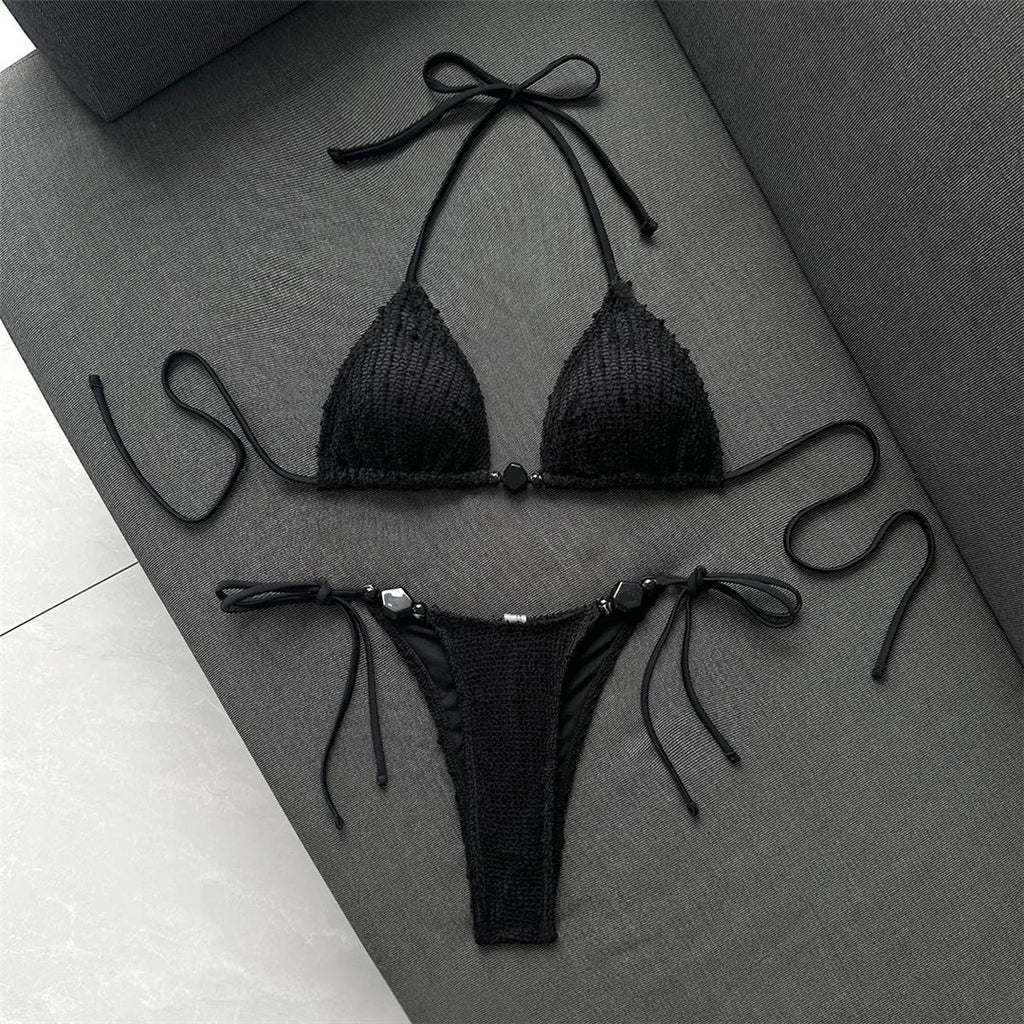 Halter Fishnet Bikini Women Swimwear Female Swimsuit Two-Pieces Bikini Set High Cut Leg Padded Bather Bathing Suit Swim V8339