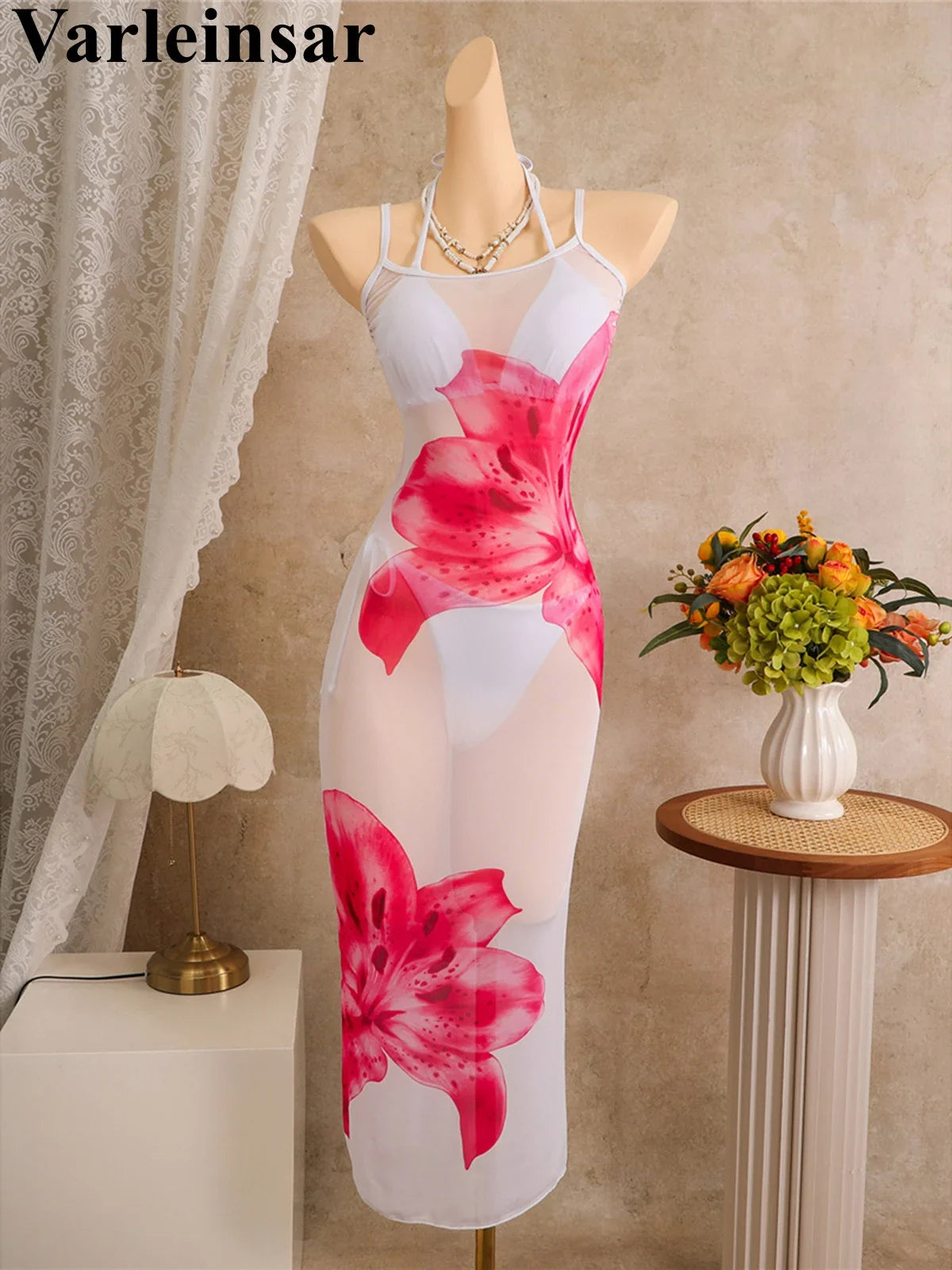 With Floral Dress Printed Halter Bikini Female Swimsuit Women Swimwear Three-pieces Bikini set Bather Bathing Suit Swim V8204