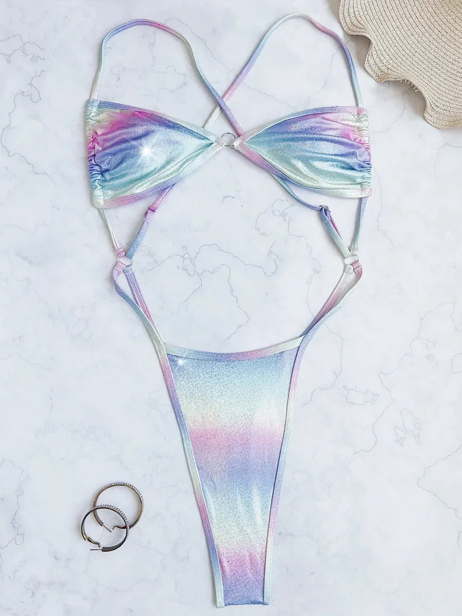 Shiny Gradient High Cut Out Female Mini Micro Thong Swimwear One Piece Swimsuit Women Monokini Backless Bathing Suit Swim Lady