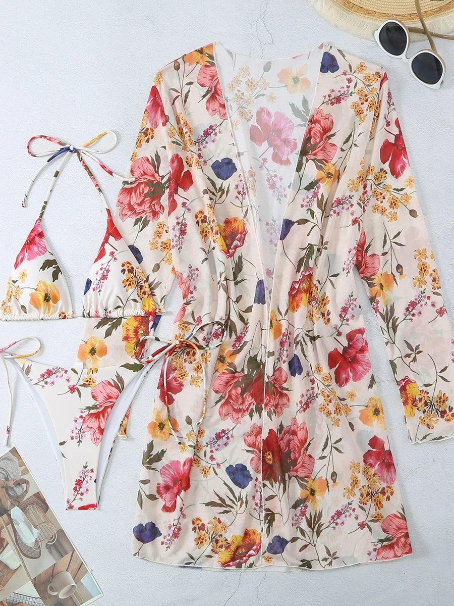 3 Pieces Printed Halter String Bikini 2026 Women & Kimono Swimwear Female Swimsuit Beachwear Bathers Bathing Swimming Swim Suit