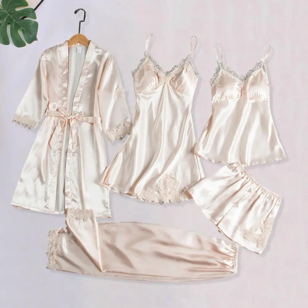 5 Pcs/Set Silky Satin Women Pajamas Set Nightgown Nightdress Top Shorts Pants Set Lace Patchwork Loose Thin Women Sleepwear