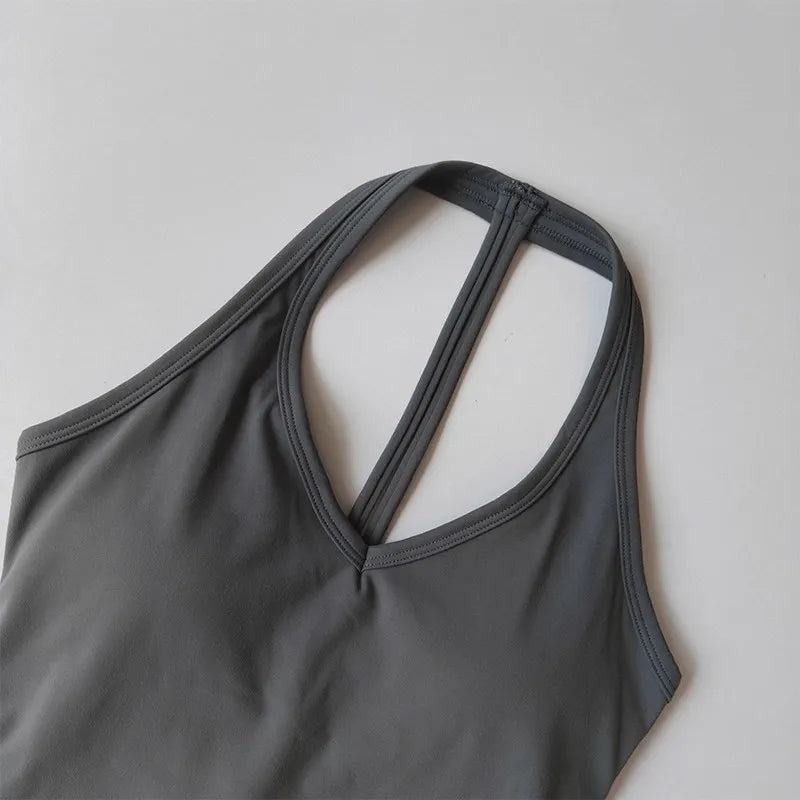 Women's Summer V-Neck Yoga Sports Vest Hanging Back Neck Design Outdoor Running Training Gathered Fit Active Wear Top