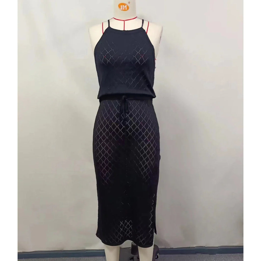 Halter Backless High Leg Cut Crochet Knitted Tunic Beach Cover Up Cover-ups Beach Dress Beach Wear Beachwear Female Women V5753