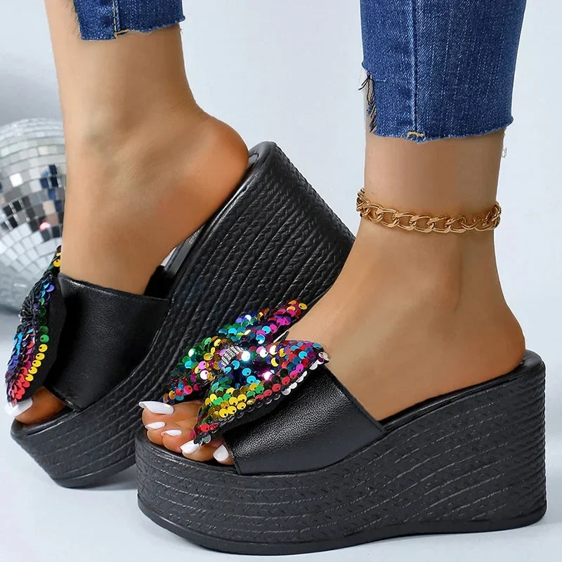 Women Colorful Sequins Platform Slippers Fashion 2025 Wedge Open Toe Black Sandal Ladies New Plus Size Thick Bottom Slides Mujer