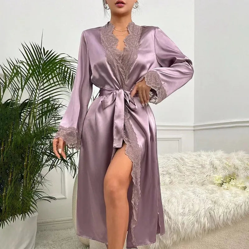 Silk Satin Nightdress For Women Night Robe Sexy Lingerie Soft Sleepwear Smooth Lace Robe Dress Nightgown Bathrobe Ladies Pajamas