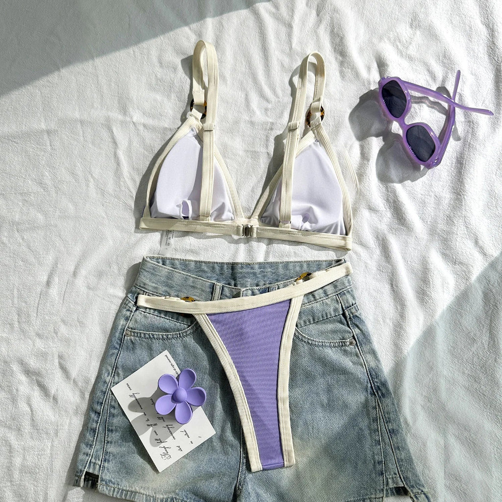 Splicing Ribbed High Cut Ring Mini Micro Bikini Women Swimwear Female Swimsuit Two-pieces Bikini Set Bathing Suit Swim Beachwear