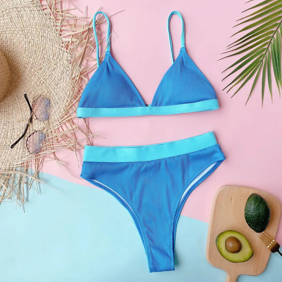 Bikini Sexy Women Swimwear Swimsuit Blue Patchwork Ribbed High Waist Bikinis Set Bathing Suit Beach Bikini Female Push Up 2026