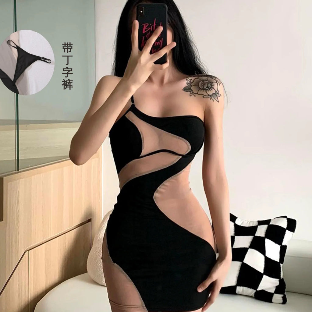 2025 Summer New Sexy Bag Hip Tank Mini Dress Fashion Slant Shoulder Pure Desire Mesh Temptation Dress Elegant 2025 New Tops VEP8