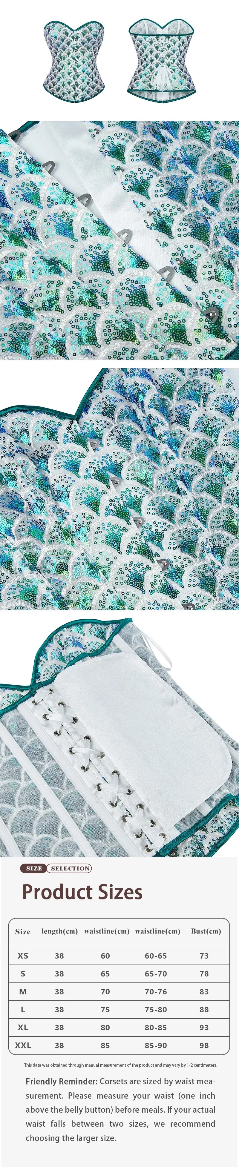 Women’s New Peacock Green Sequin Corset, Strapless Boned Bustier Top, Push-up Waist Cinching Shapewear with Fish Scale
