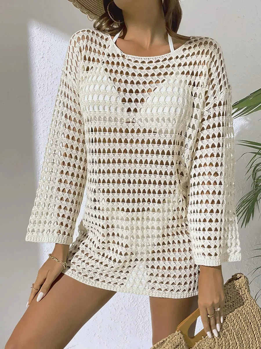 Womens Beach Cover Up Knit Solid Color Long Sleeve Dress Sexy Slim-Fit Beachwear Cover Up Beach Holiday Sun Protection Clothing