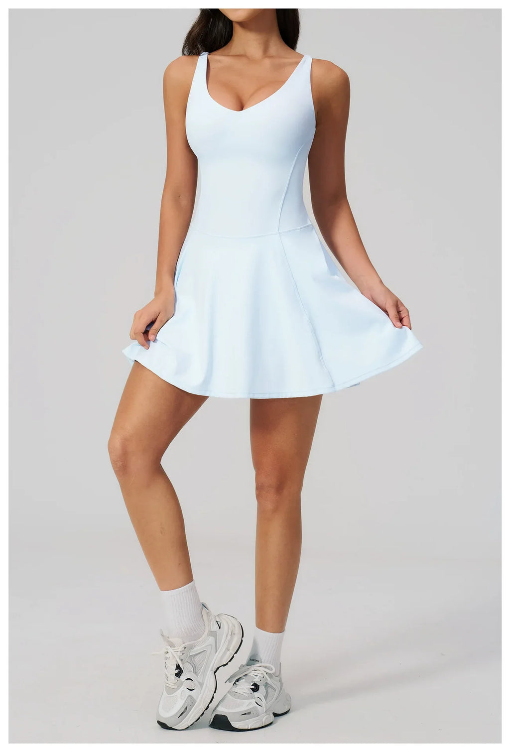 Bodycon Tennis Dress with Shorts Pocket Women Speed Dry Sleeveless V Neck One Piece Sport Outfit Short Dress Fitness Yoga Set
